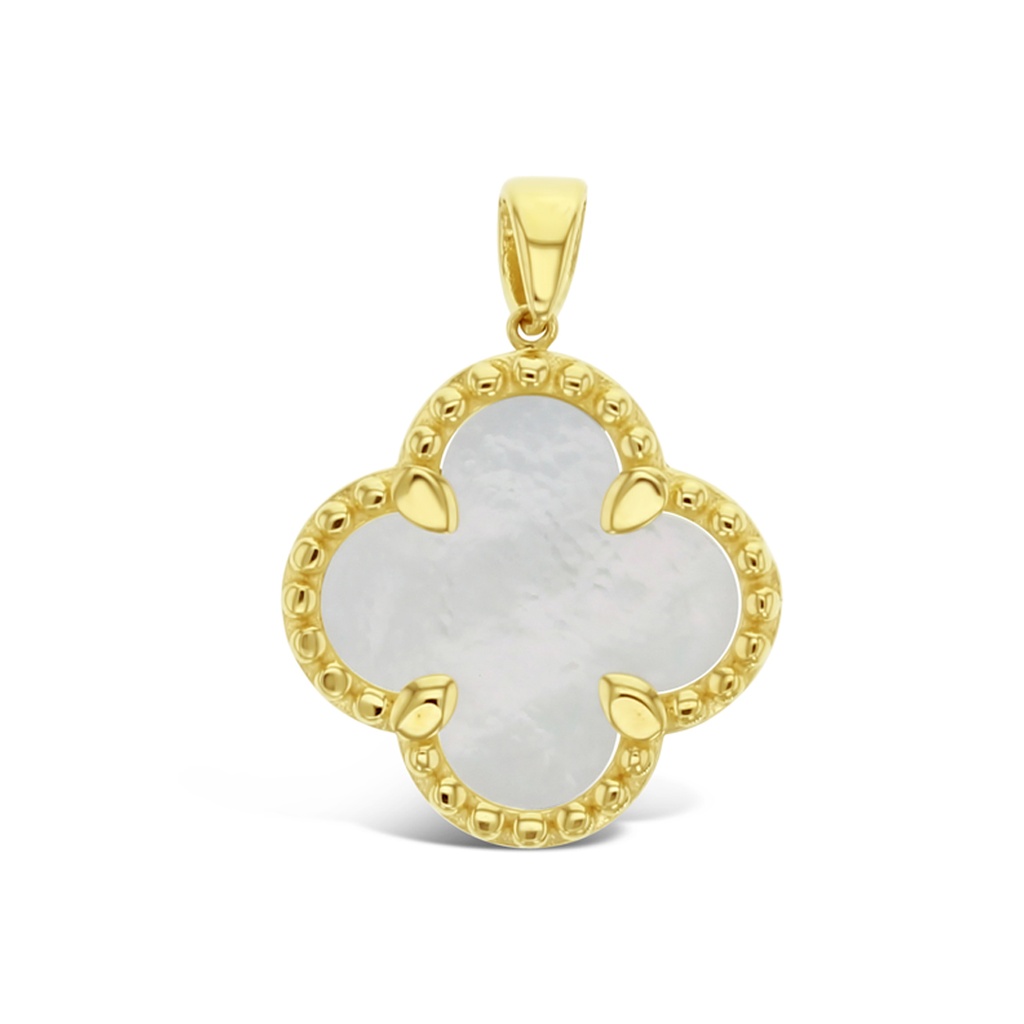 9Y MOP 4 LEAF CLOVER WITH BEADED BALL BORDER PENDANT